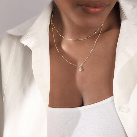 Layered Gold Necklace for Women Dainty Choker Chain with Cubic Zirconia Pendant - Picture 4 of 6